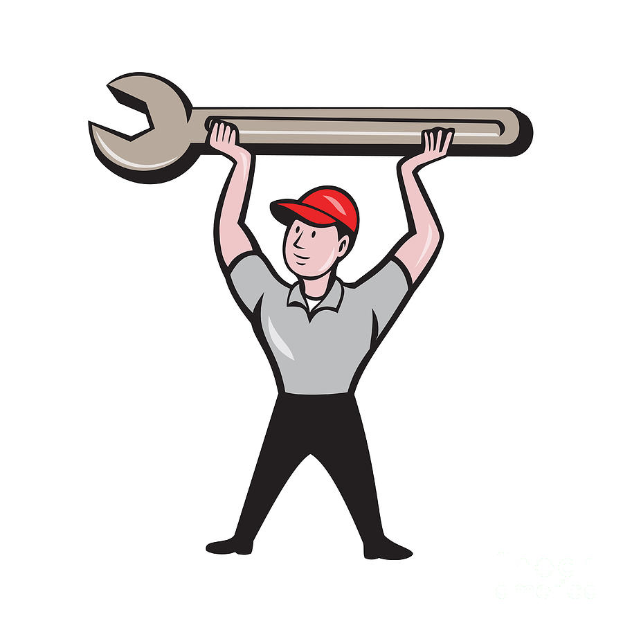 Mechanic Lifting Wrench Isolated Cartoon Digital Art by Aloysius ...