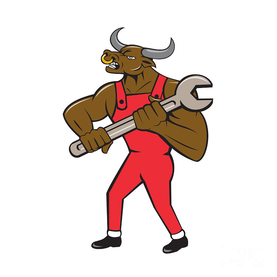 Minotaur Digital Art - Mechanic Minotaur Bull Spanner Isolated Cartoon by Aloysius Patrimonio