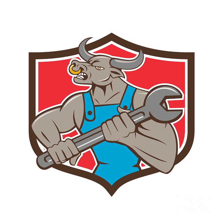 Minotaur Digital Art - Mechanic Minotaur Bull Spanner Shield Cartoon by Aloysius Patrimonio