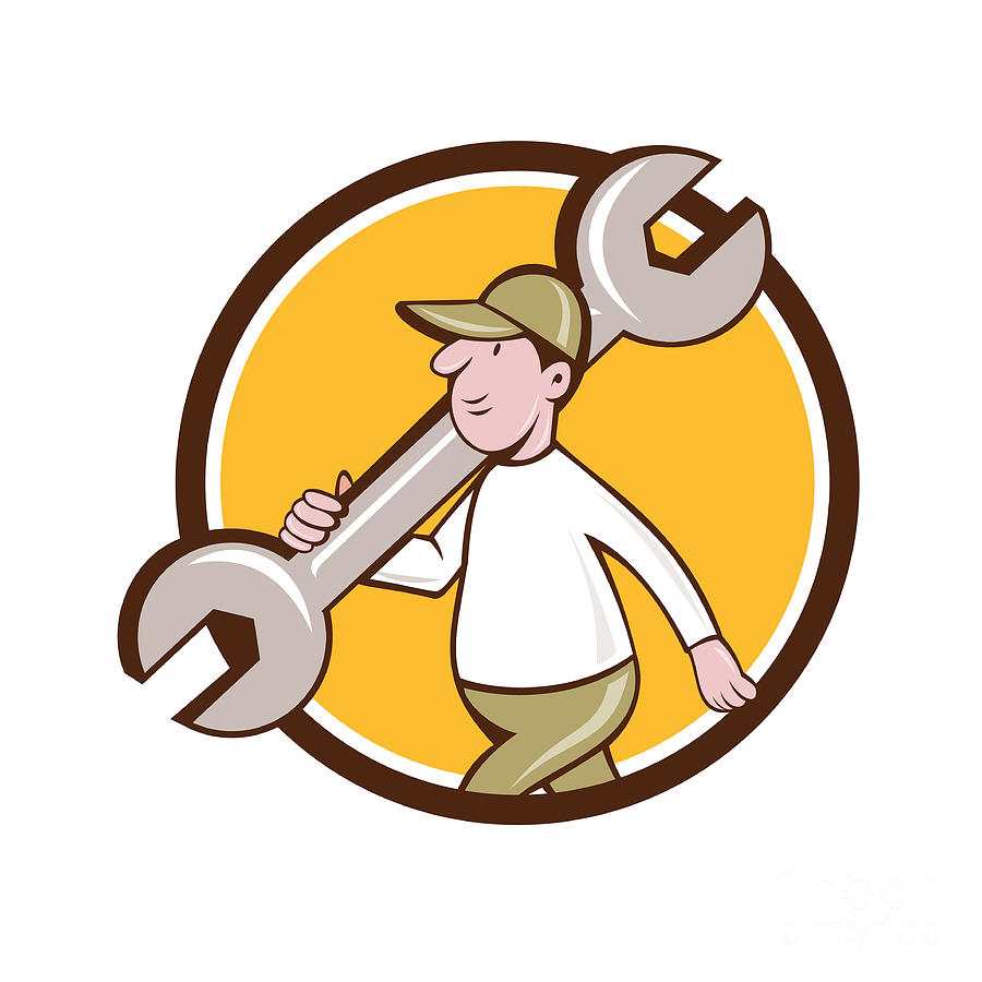 Mechanic Monkey Wrench Walking Circle Cartoon Digital Art by Aloysius