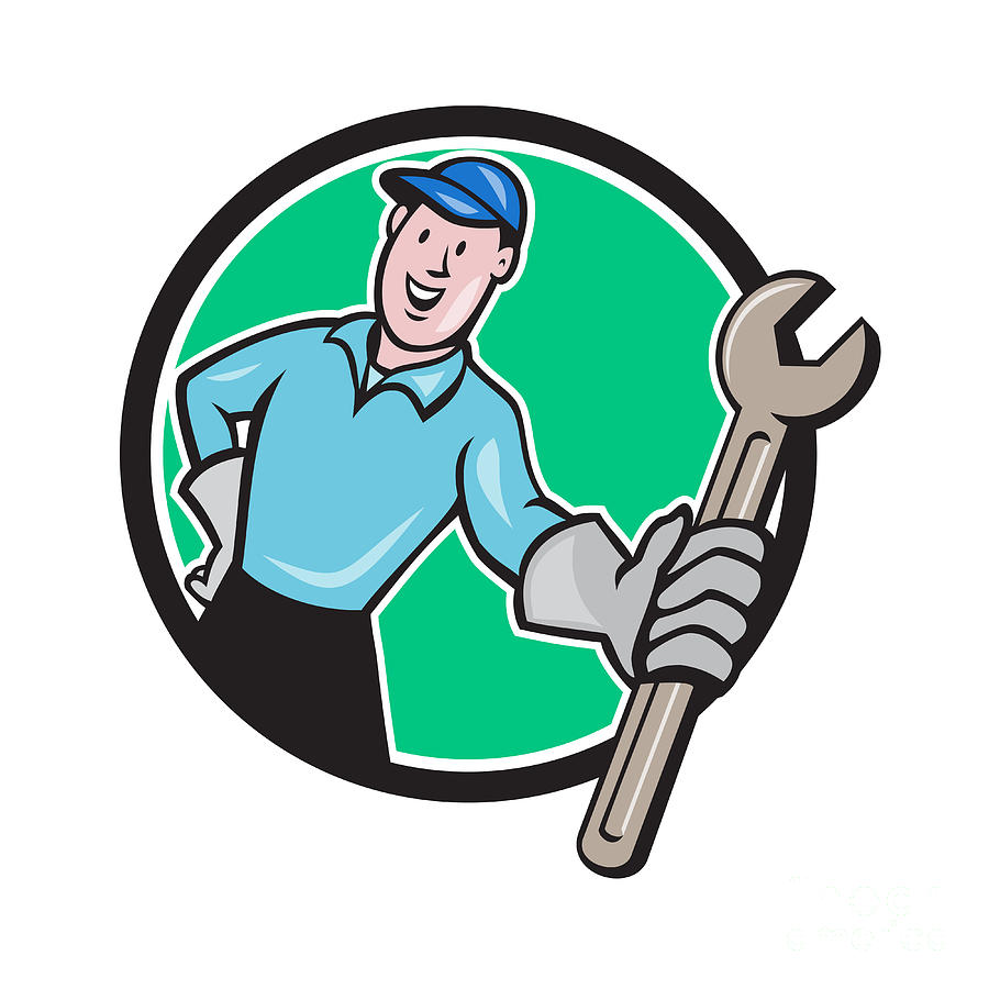 Mechanic Presenting Wrench Circle Cartoon Digital Art by Aloysius ...