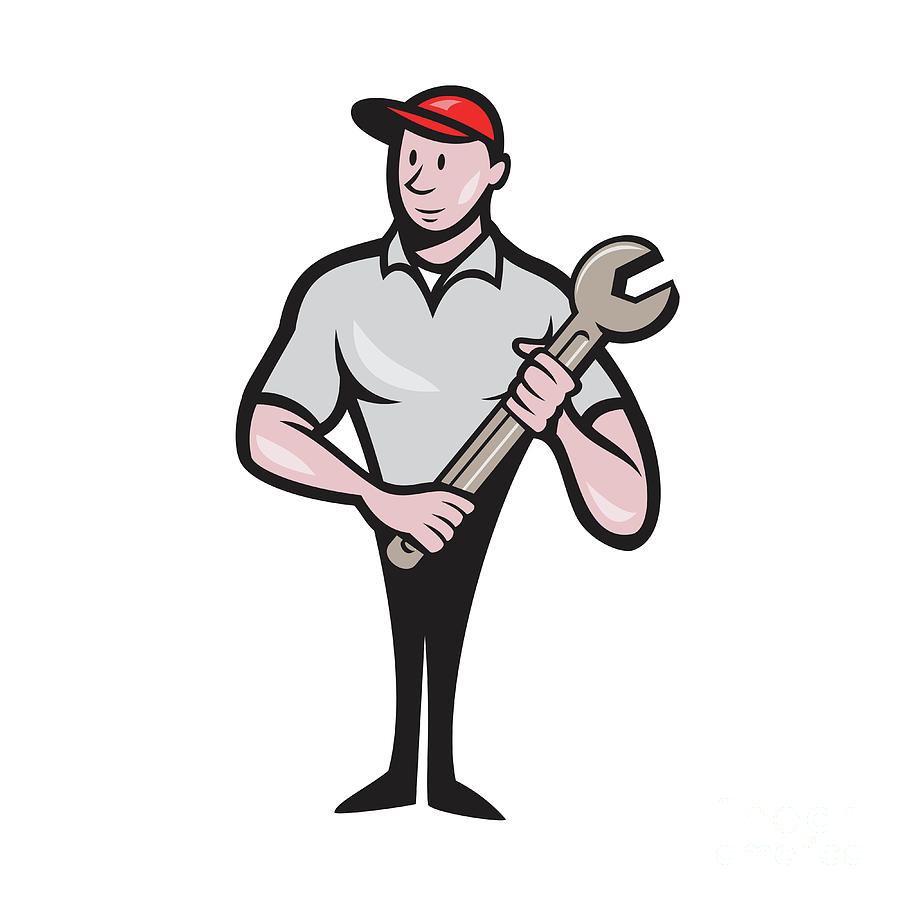 Mechanic Worker Standing Carrying Spanner Cartoon Digital Art by ...