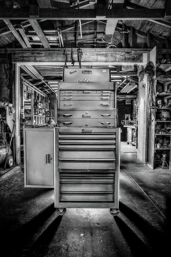Mechanics Toolbox Cabinet Stack in Garage Shop in BW Photograph by YoPedro