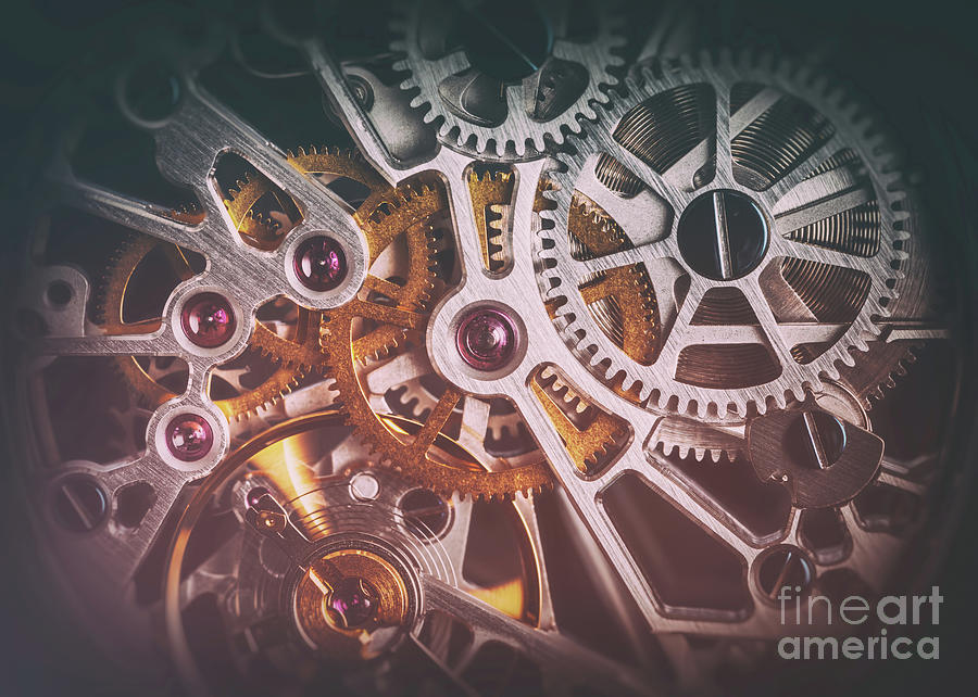 Vintage Photograph - Mechanism, clockwork of a watch with jewels, close-up. Vintage luxury by Michal Bednarek