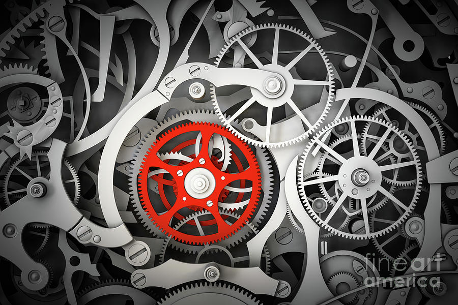 Mechanism, clockwork with one different, red cogwheel. Photograph by Michal Bednarek