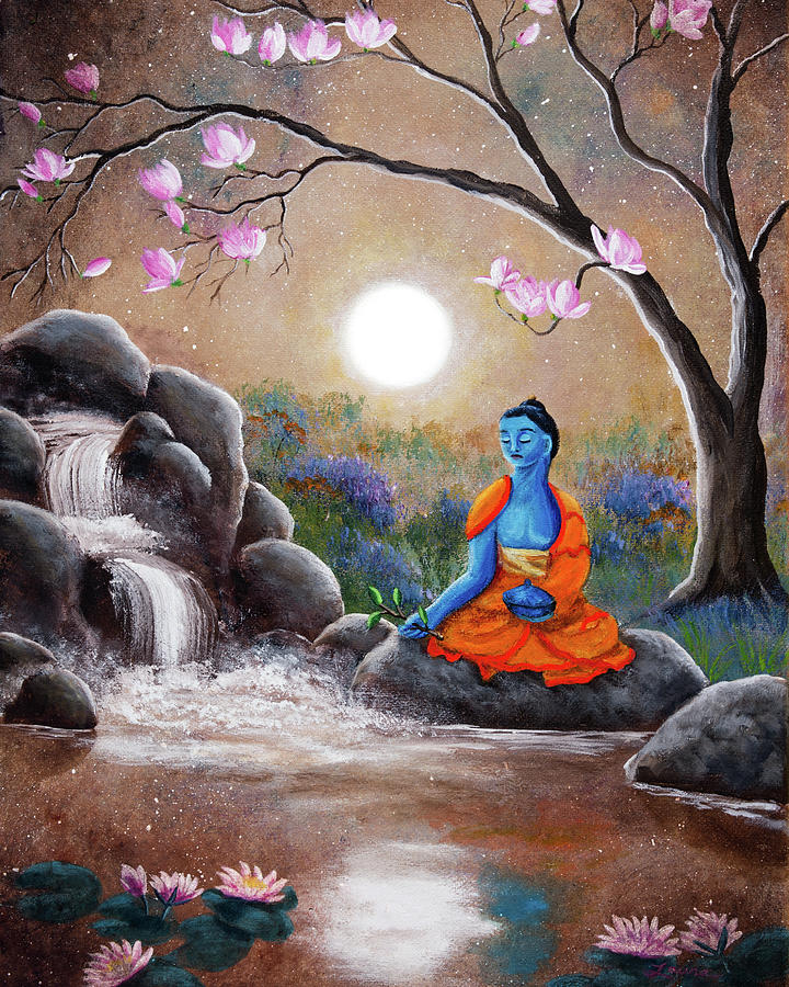 Medicine Buddha by a Waterfall Painting by Laura Iverson