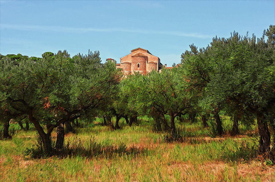 Medieval Abbey among olive trees in Italy Painting by AM FineArtPrints