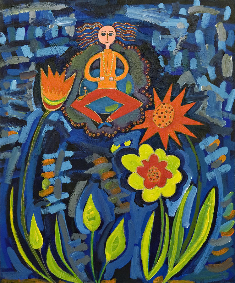 Meditating Master in Moonlit Garden Painting by Maggis Art