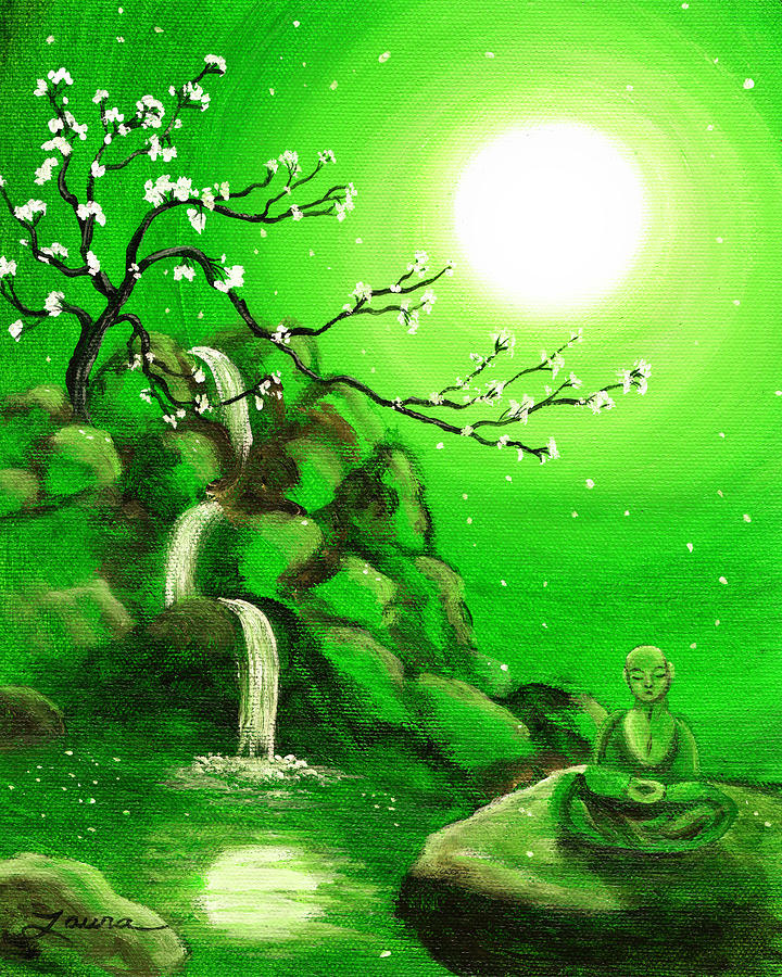 Meditating while Cherry Blossoms Fall in Green Painting by Laura Iverson