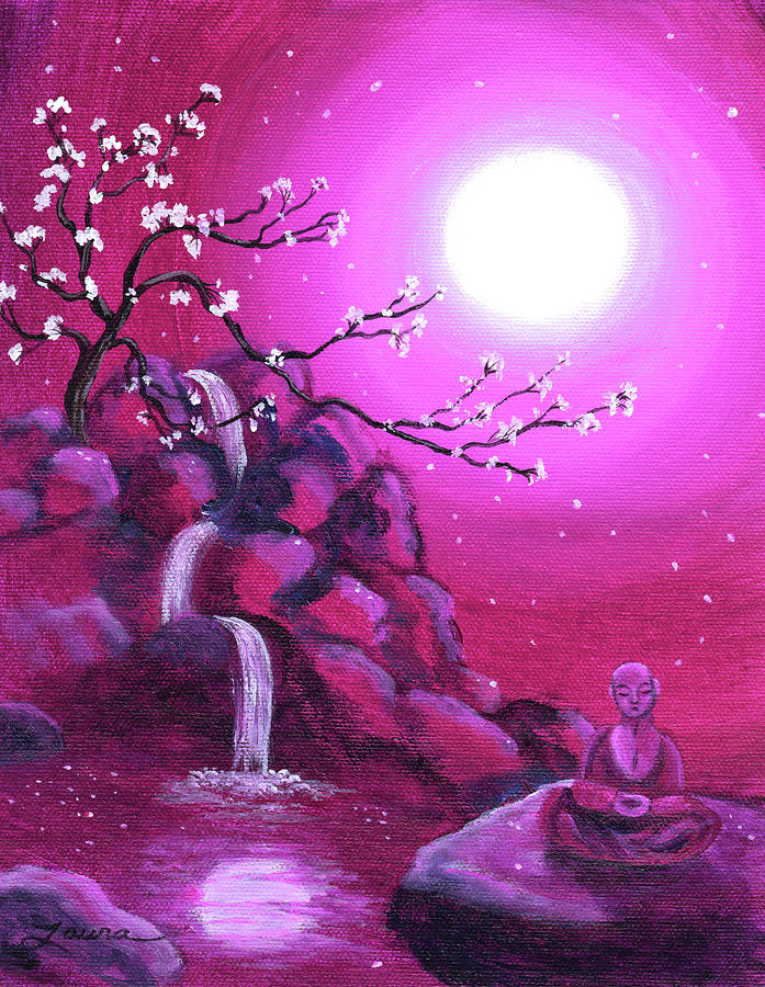 Meditating while Cherry Blossoms Fall Painting by Laura Iverson