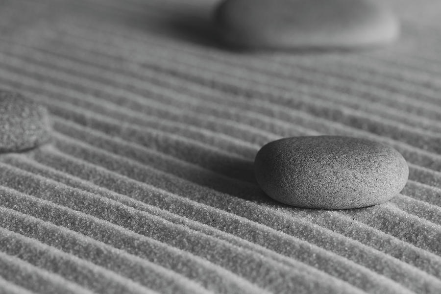 Meditation Stones on Waves of Sand Black and White Photograph by Andrew Pacheco
