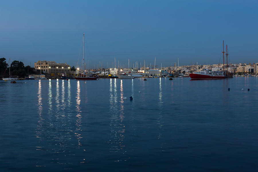 Mediterranean Blue Hour Magic - Valletta Marsamxett Harbour Shimmering Lights Photograph by Georgia Mizuleva