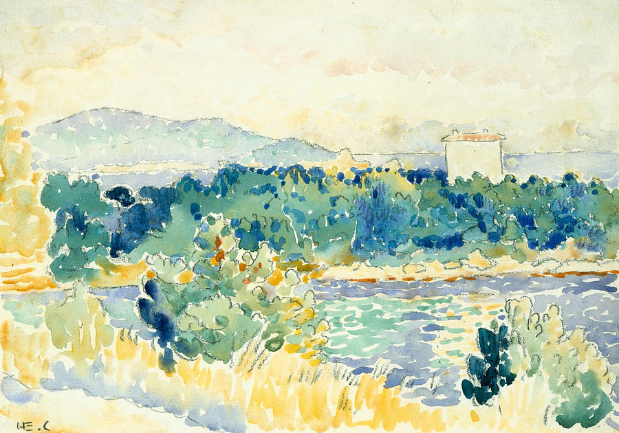 Mediterranean Landscape with a White House Drawing by Henri-Edmond Cross