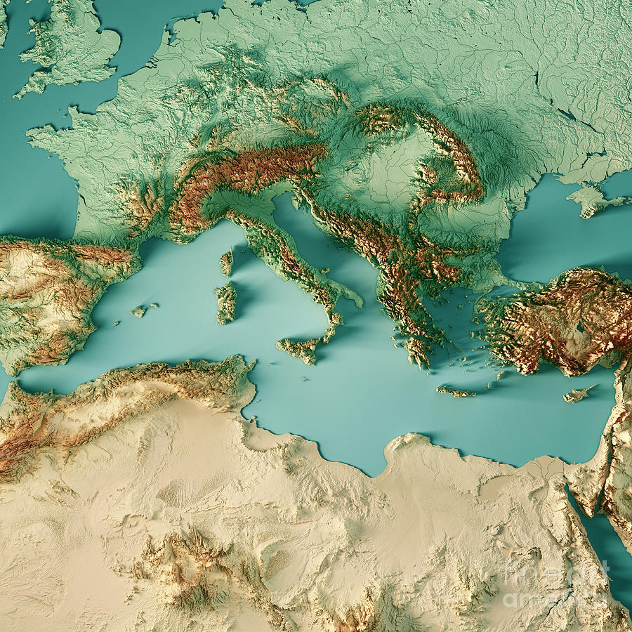 Map Digital Art - Mediterranean Sea 3D Render Topographic Map Color by Frank Ramspott