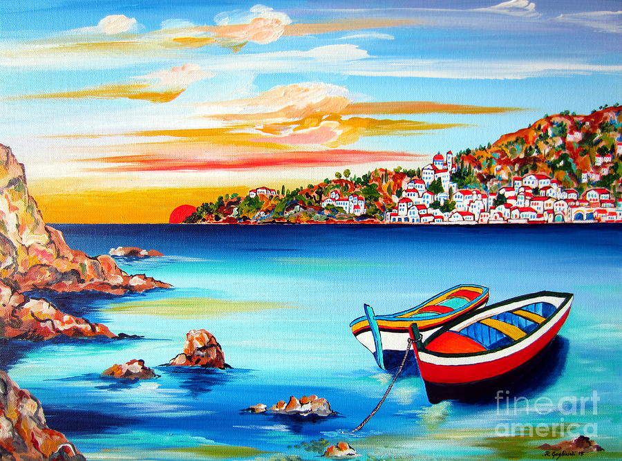 Mediterranean Sunset with boats Painting by Roberto Gagliardi