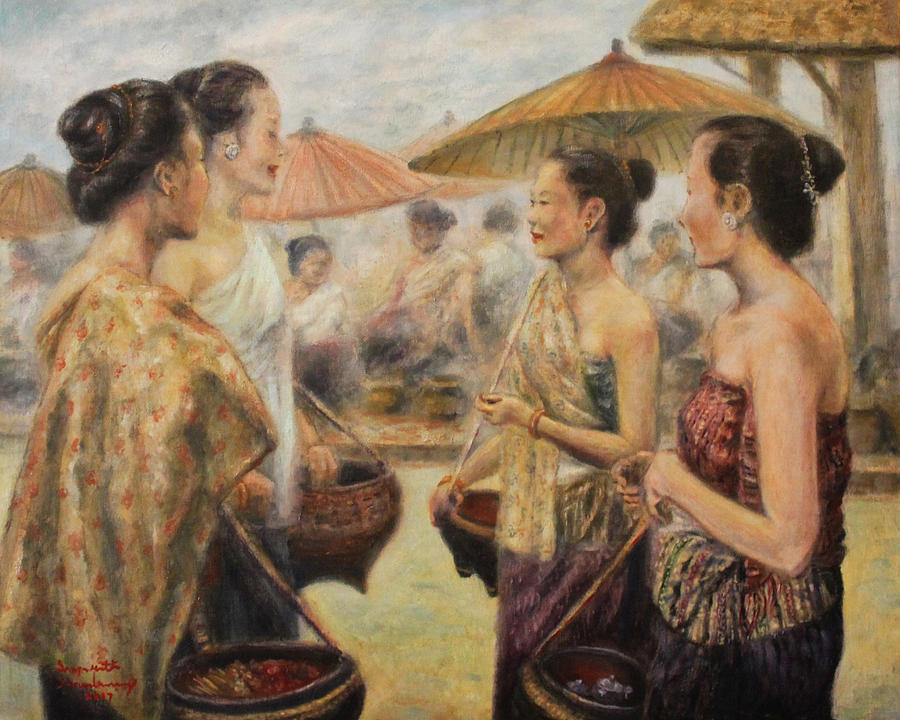 Meeting at the Market Painting by Sompaseuth Chounlamany