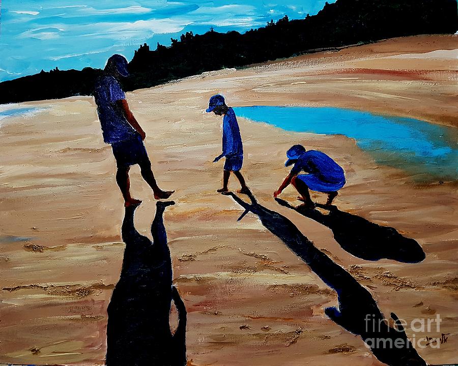 Meeting at the shore by the sea in the sunset, dwindle in the shadows   Painting by Eli Gross