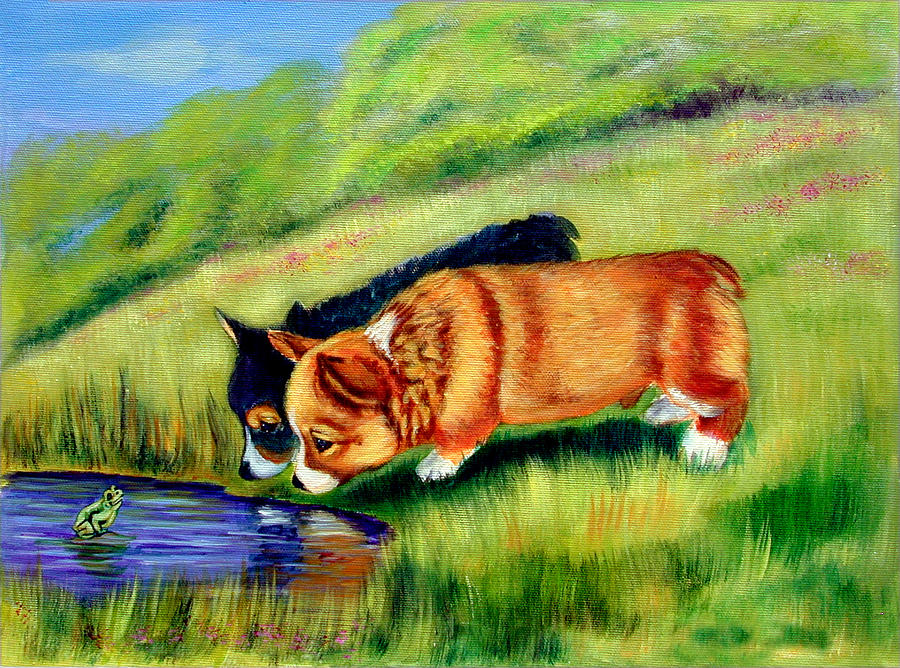 Dog Painting - Meeting Mr. Frog Corgi pups by Lyn Cook