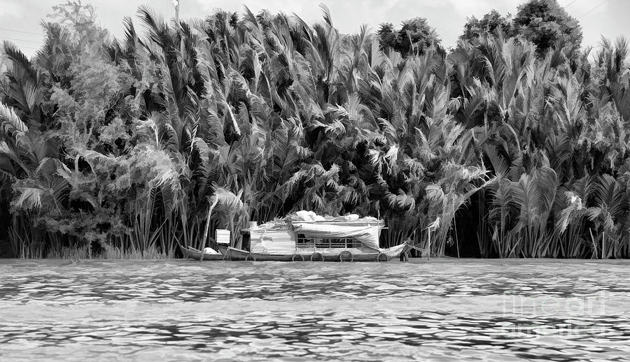 Mekong Delta Black White Single Boat  Photograph by Chuck Kuhn