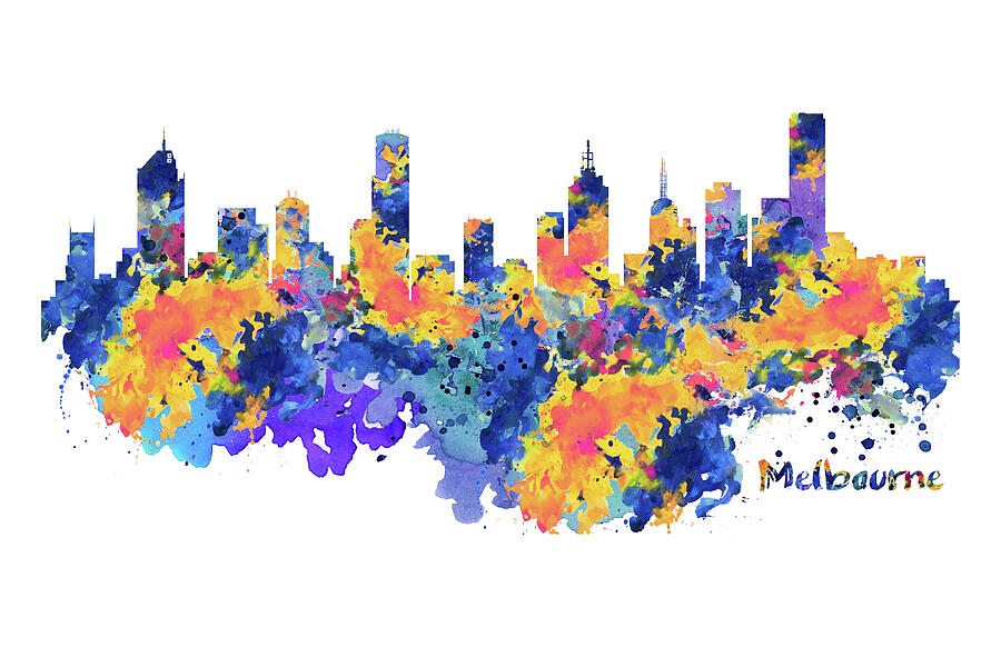 Melbourne Watercolor Skyline Painting by Marian Voicu