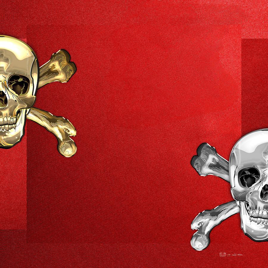 Memento Mori - Gold and Silver Human Skulls and Bones on Red Canvas Digital Art by Serge Averbukh