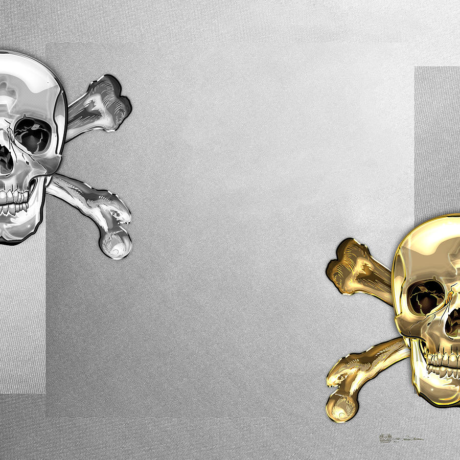 Memento Mori - Gold and Silver Human Skulls and Bones on White Canvas Digital Art by Serge Averbukh