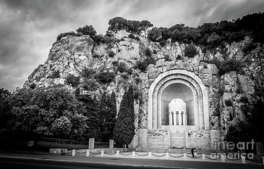 Memorial on Castle Hill in Nice, Black and White Photograph by Liesl Walsh
