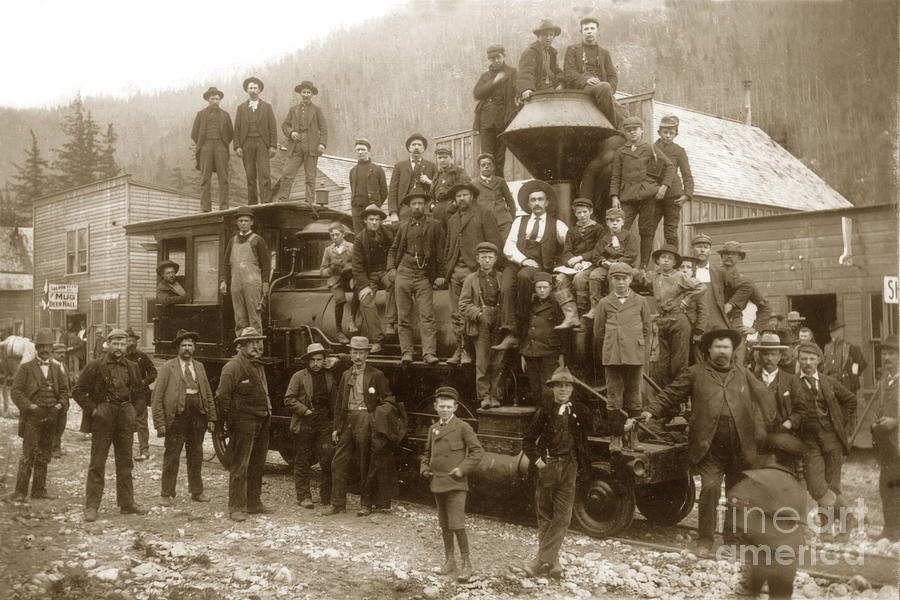 Beer Photograph - Men and boys gathered on and around a train steam locomotive 1898 by Monterey County Historical Society