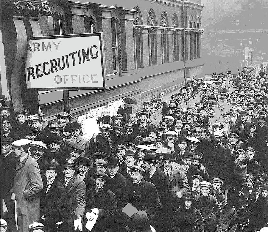 Men Line Up To Enlist In The Army At The Start Of Ww1 London 1914 Color Added 2016 Photograph