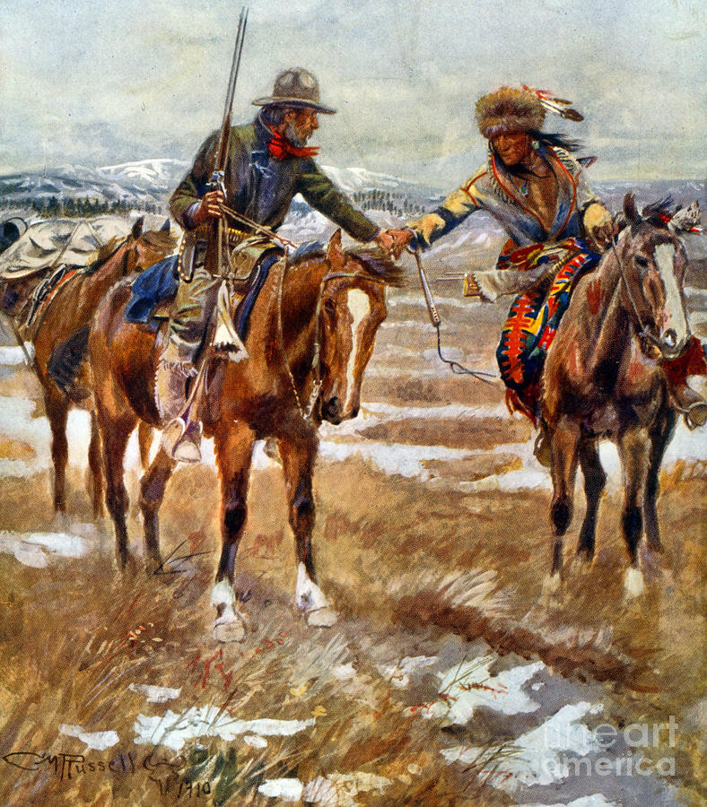 Men shaking hands on horseback Painting by Charles Marion Russell