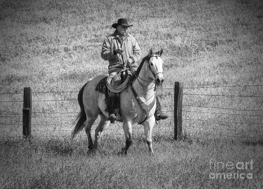 Black And White Photograph - Mending Fences - Montana by Sandra Bronstein