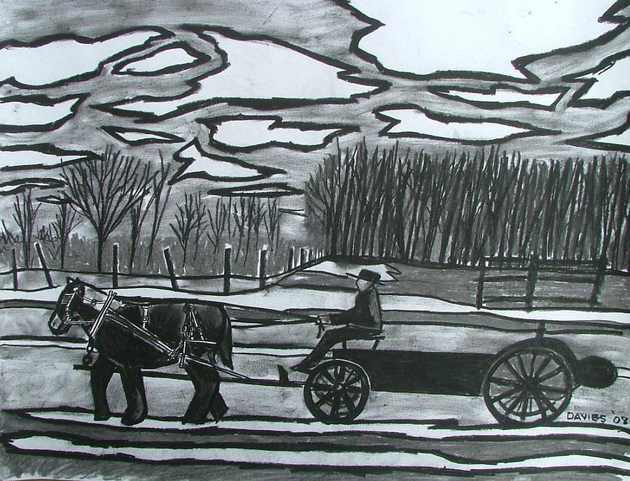 Nature Drawing - Mennonite and buggy by Lee Davies