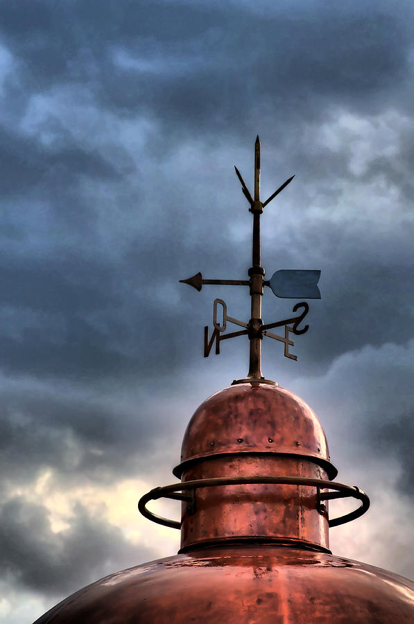 Menorca copper lighthouse dome with lightning rod under a bluish and stormy sky Photograph by Pedro Cardona Llambias