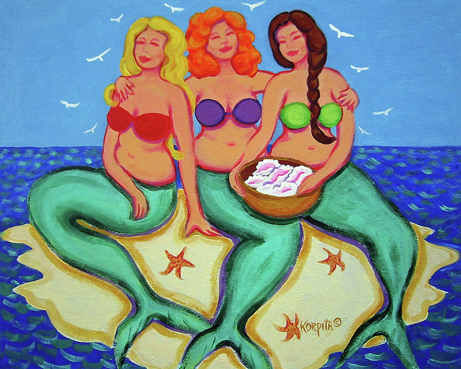 Merbabes - Mermaids Collecting Shells Painting by Rebecca Korpita