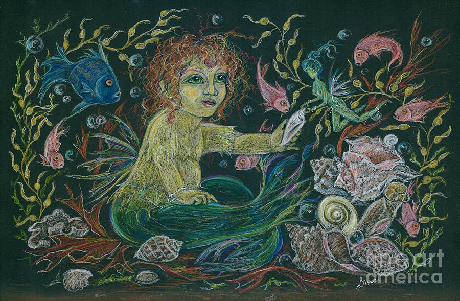 Mermaid Drawing - Merbaby Golden Green by Dawn Fairies