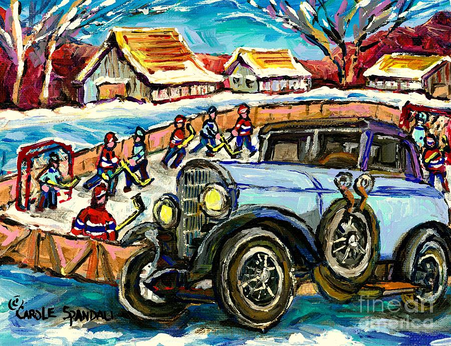 Mercedes Benz Model K Canadian Winter Country Scene Art Outdoor Hockey Rink Painting Carole Spandau  Painting by Carole Spandau
