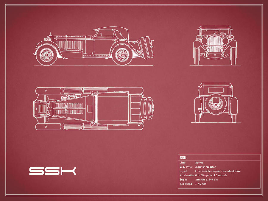 Car Photograph - Mercedes SSK Blueprint - Red by Mark Rogan