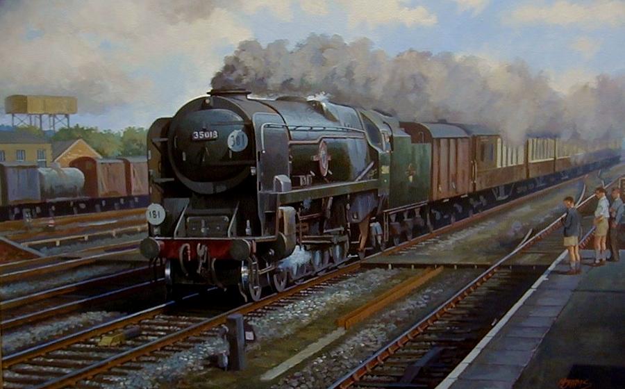 Merchant Navy pacific at speed. Painting by Mike Jeffries