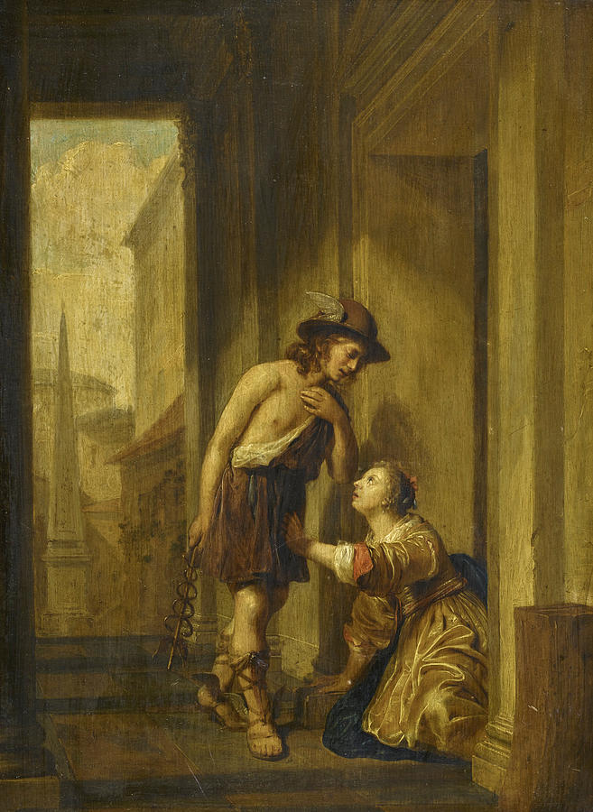 Mercury and Aglauros at the door of Herses Chamber Painting by Jan de Bray