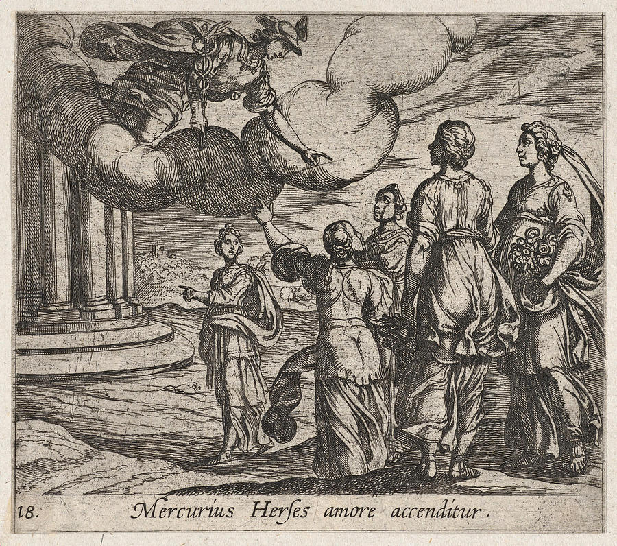 Mercury Falling in love with Herse Drawing by Antonio Tempesta