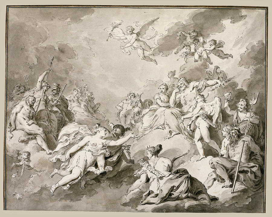 Mercury leads Psyche to Mount Olympus Drawing by Pietro Antonio Novelli