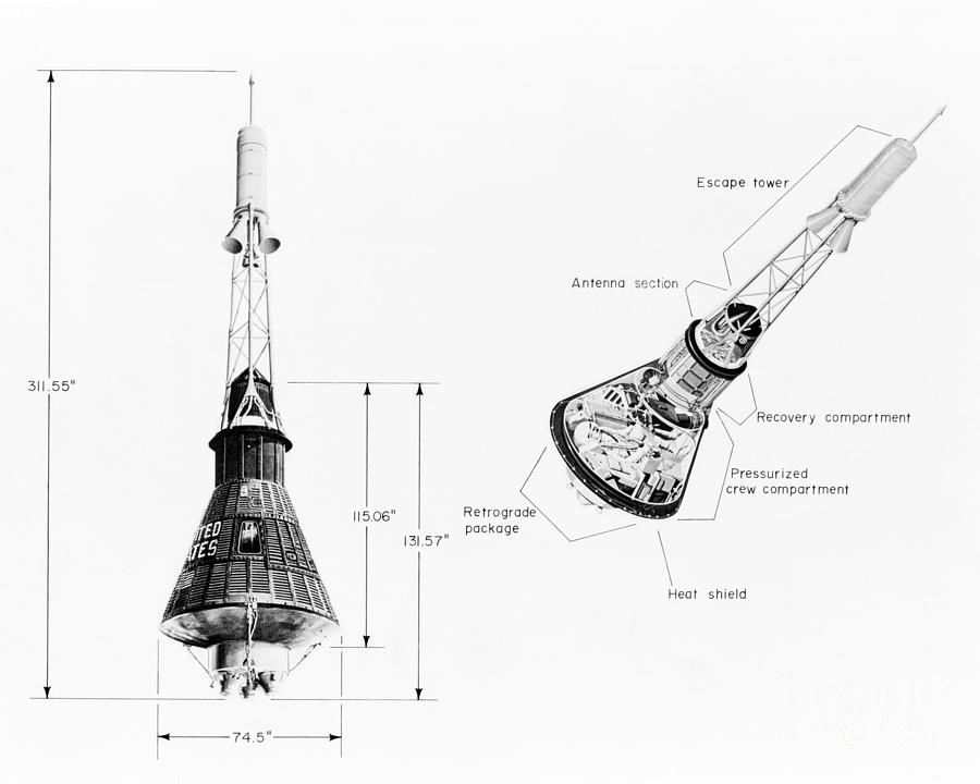 Mercury Spacecraft Drawing - Mercury spacecraft with measurements and cutaway view by Vintage Collectables