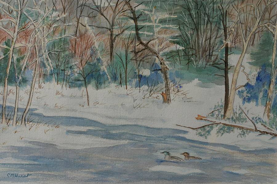 Mergansers on the Farmington River in Winter Painting by Collette Hurst