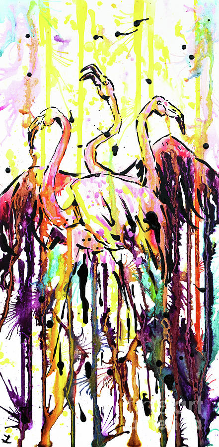 Flamingo Painting - Merging. Flamingos by Zaira Dzhaubaeva
