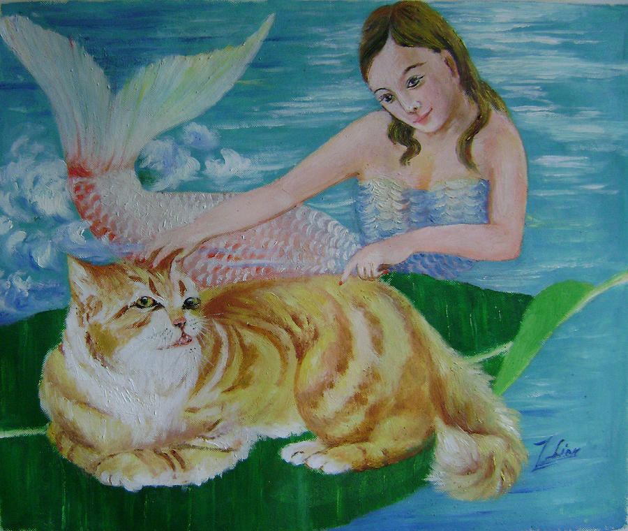 Fantasy Painting - Mermaid And Cat by Lian Zhen Fantasy Painting - Mermaid And Cat by Lian Zhen