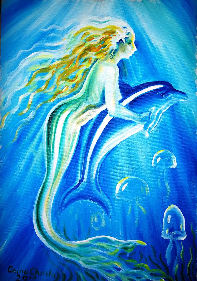 Mermaid Painting - Mermaid and dolphin  by Chirila Corina