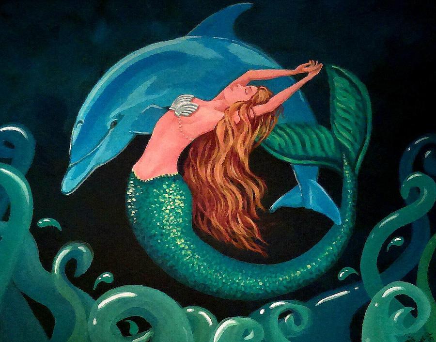 Mermaid And Dolphin  Painting by Debbie Criswell