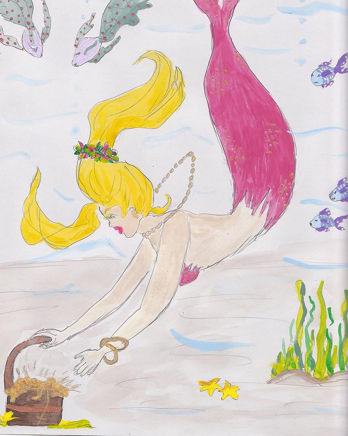 Mermaid and her found Treasure Chest Drawing by Rosalie Scanlon