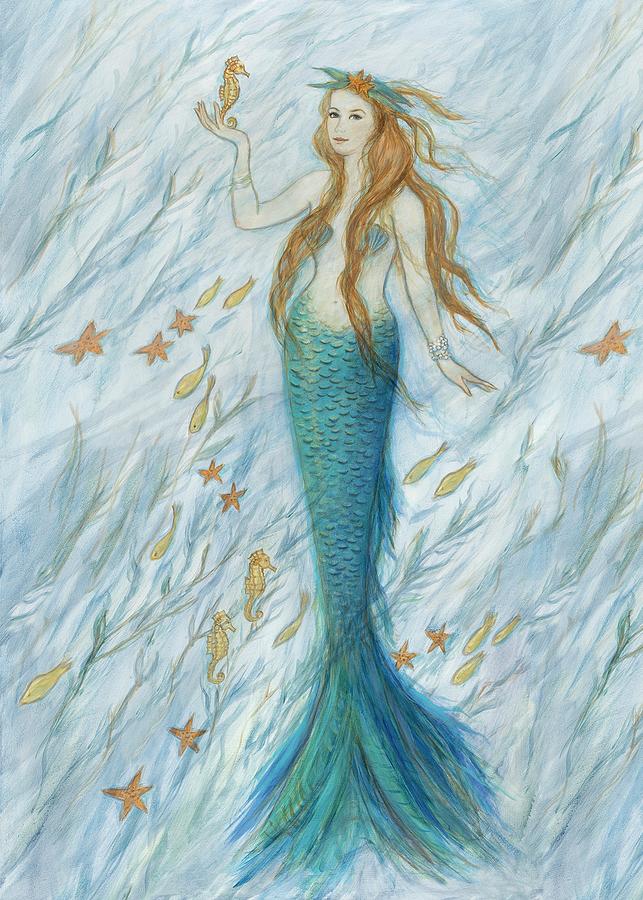 Mermaid and Her Golden Seahorse Painting by Tina Obrien