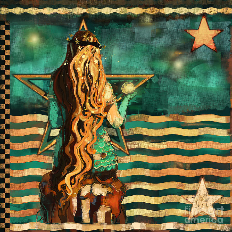 Mermaid and Stars by the Sea  Mixed Media by Carrie Joy Byrnes